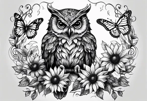 Small owl.with sunflowers and butterflies tattoo idea