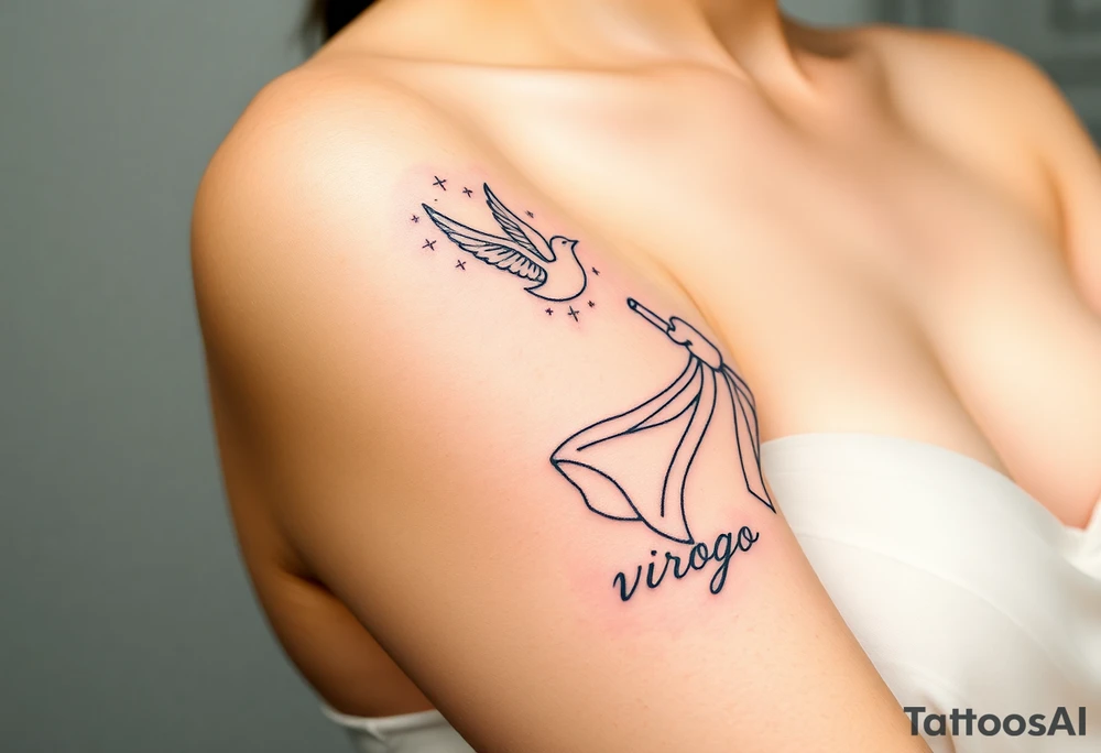 A young woman in a white flowing dress, releasing a glowing dove into the night sky and the word virgo tattoo idea