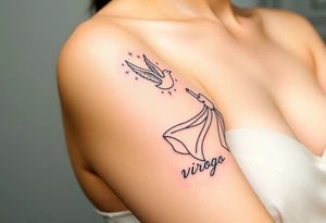 A young woman in a white flowing dress, releasing a glowing dove into the night sky and the word virgo tattoo idea