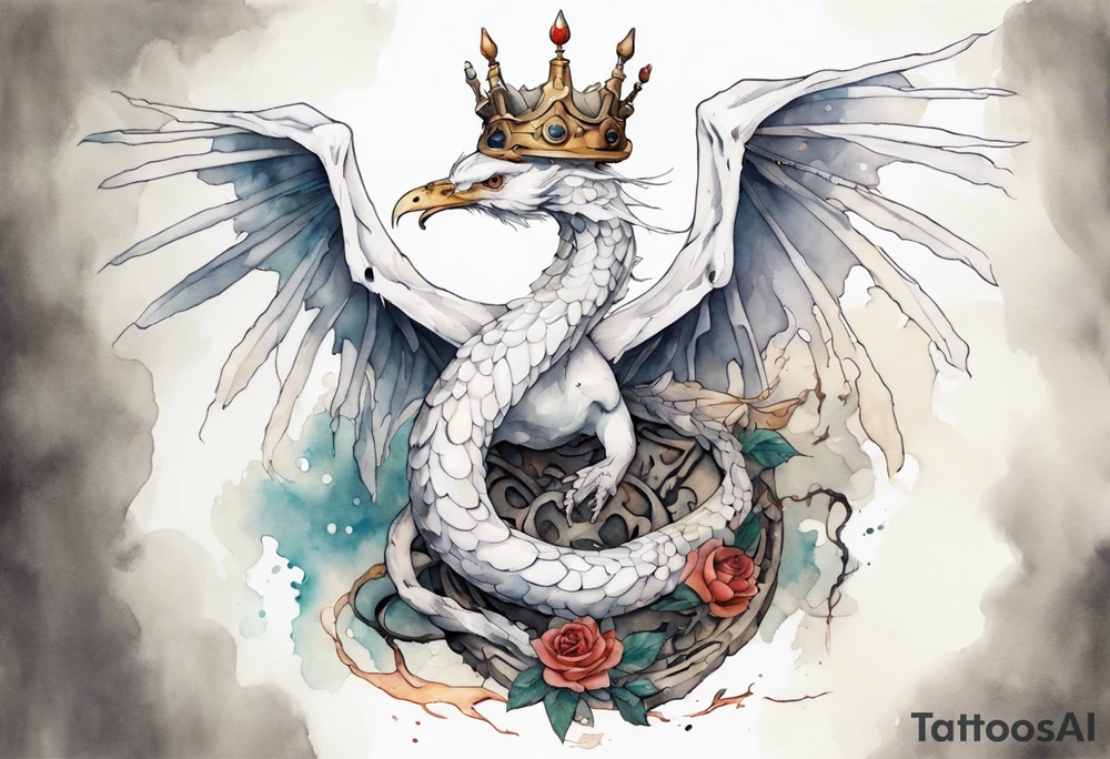 a white bird-serpent hybrid, wearing a iron crown, wrapped around a stone tattoo idea