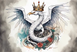 a white bird-serpent hybrid, wearing a iron crown, wrapped around a stone tattoo idea