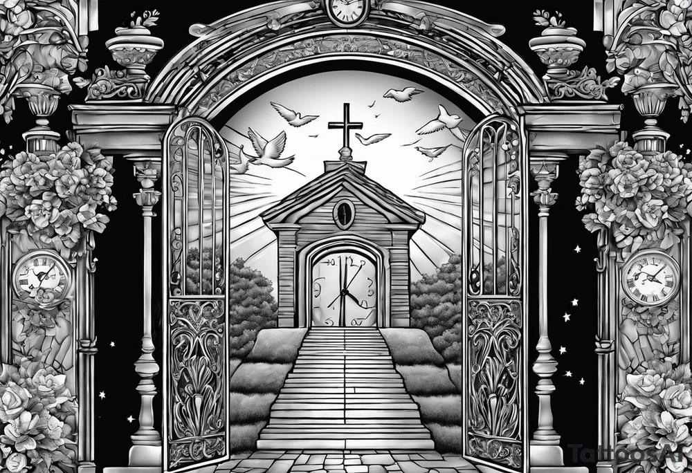 Written:
Mawmaw
07-05-38 / 09-23-24
Grandson and grandma walking up to the gates of heaven with the gates opened shinning bright with a cross and Doves flying around 
Big Busted clock behind it with the time of her death 7:00pm tattoo idea