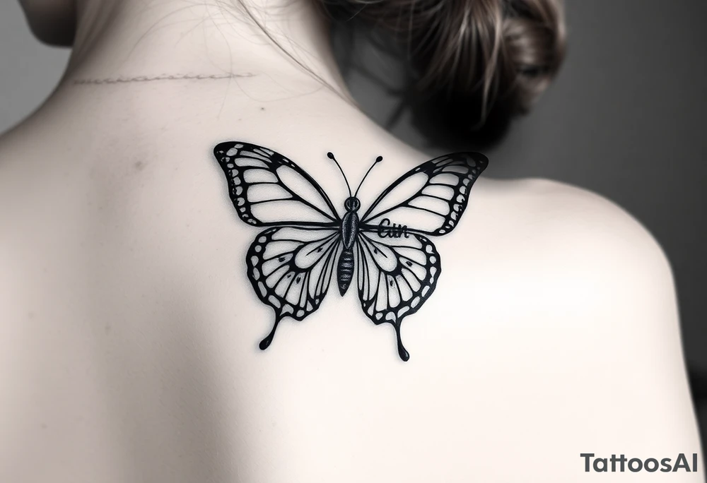A butterfly with the name “euan” incorporated into it tattoo idea