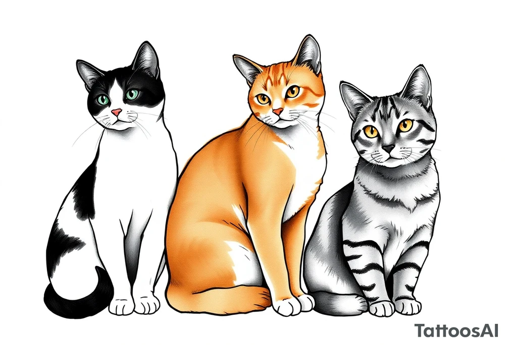 three cats, one black and white cat, one orange and white cat and one grey tabby cat tattoo idea