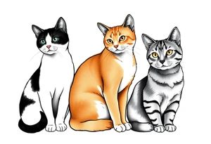 three cats, one black and white cat, one orange and white cat and one grey tabby cat tattoo idea