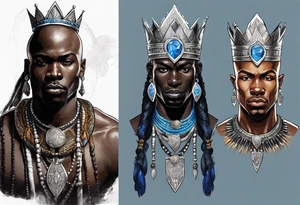 Black-skinned bald african warrior king with a simple silver crown. He uses blue necklaces and has a sword tattoo idea