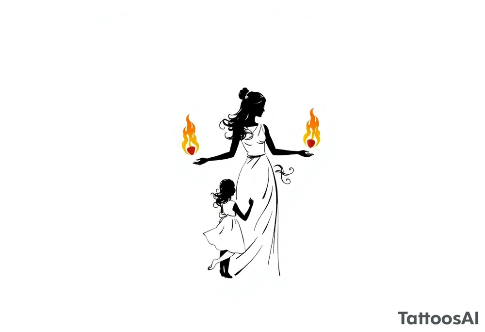 Silhouette of a mother passing 2 flames to two daughters tattoo idea