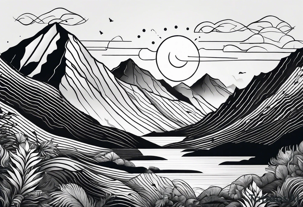 straight line -  represents overcoming challenges & strength - mountains, waves with a little sunshine tattoo idea