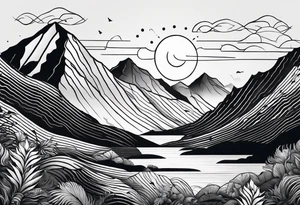 straight line -  represents overcoming challenges & strength - mountains, waves with a little sunshine tattoo idea