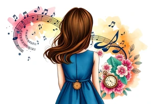 Back view of the silhouette of a brown hair girl in a blue dress. She is following a colorful swirl with music notes, books, and flowers. A pocket watch is at the end of the swirl. tattoo idea