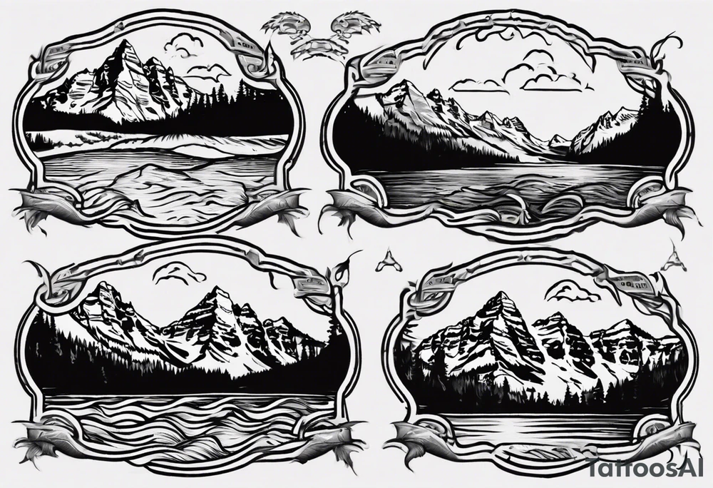 On the top will be the maroon bells mountains. In the middle will be "Keep Chuggin" in cursive writing. On the bottom will be a rough ocean with waves and whitecaps tattoo idea On the top will be the maroon bells mountains. In the middle will be "Keep Chuggin" in cursive writing. On the bottom will be a rough ocean with waves and whitecaps tattoo idea