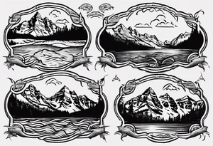 On the top will be the maroon bells mountains. In the middle will be "Keep Chuggin" in cursive writing. On the bottom will be a rough ocean with waves and whitecaps tattoo idea