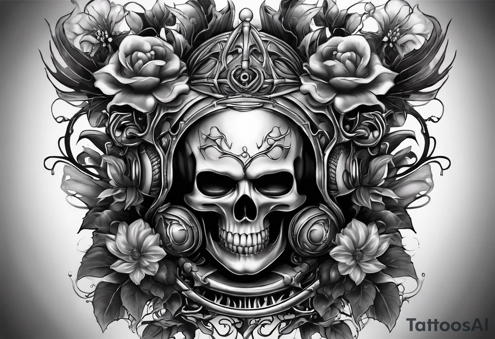 H.R. Giger tattoo with realistic evil skull, various flowers, water and fall colors tattoo idea