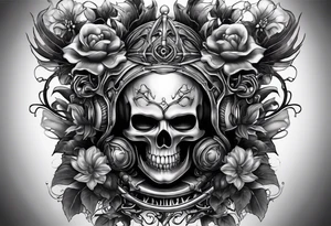 H.R. Giger tattoo with realistic evil skull, various flowers, water and fall colors tattoo idea