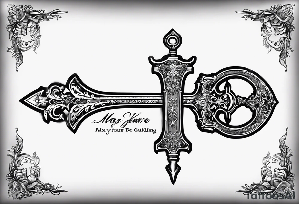 Keyblade, with a banner wrapping around the blade saying, “May your heart be your guiding key” tattoo idea