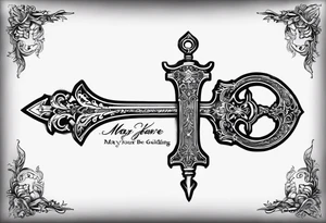 Keyblade, with a banner wrapping around the blade saying, “May your heart be your guiding key” tattoo idea