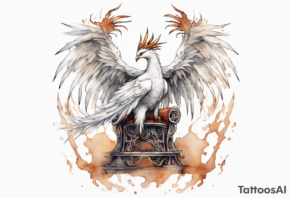 a white phoenix wearing rusted iron crown, perched on a throne tattoo idea