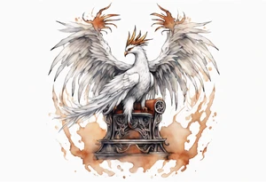 a white phoenix wearing rusted iron crown, perched on a throne tattoo idea