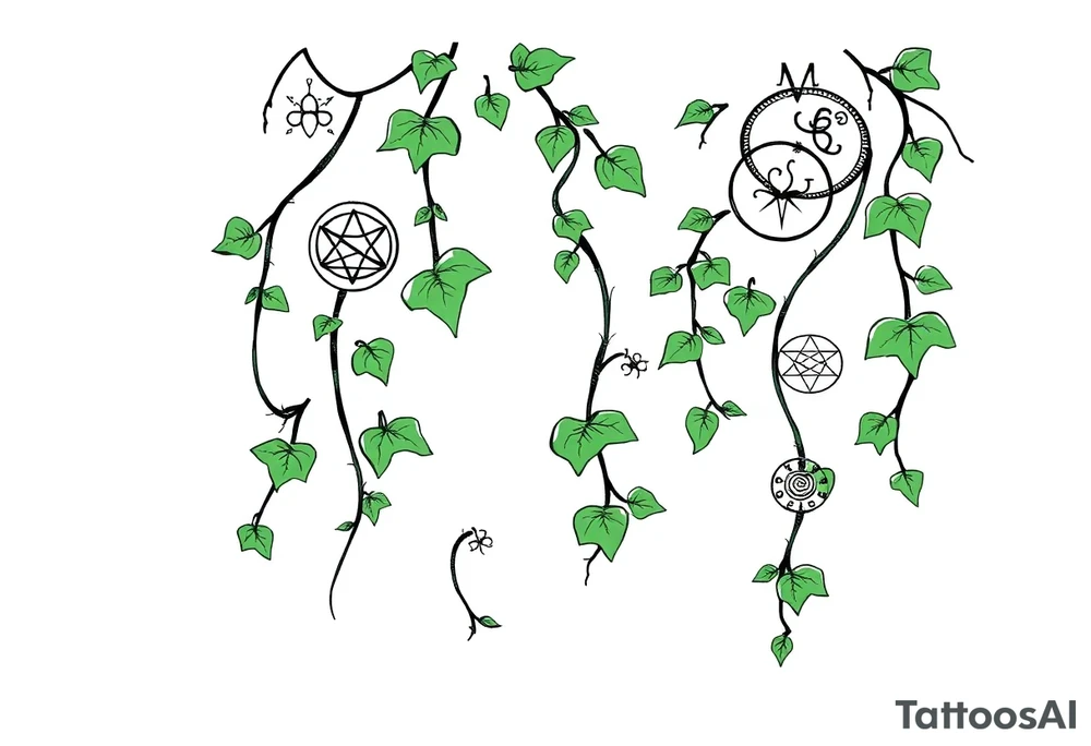 Ivy. Vines with wiccan symbols and zodiac signs tattoo idea