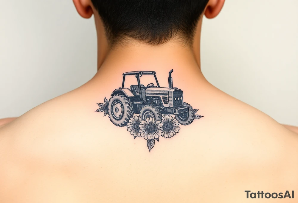 Small 
Dainty behind the ear tractor tattoo surrounded with flowers tattoo idea