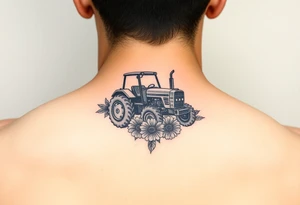 Small 
Dainty behind the ear tractor tattoo surrounded with flowers tattoo idea