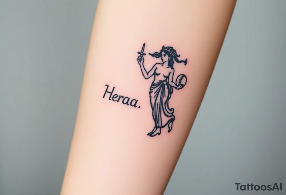 Greek black goddess Hera holding a baby in her right an a Draco with drum in the left hand tattoo idea