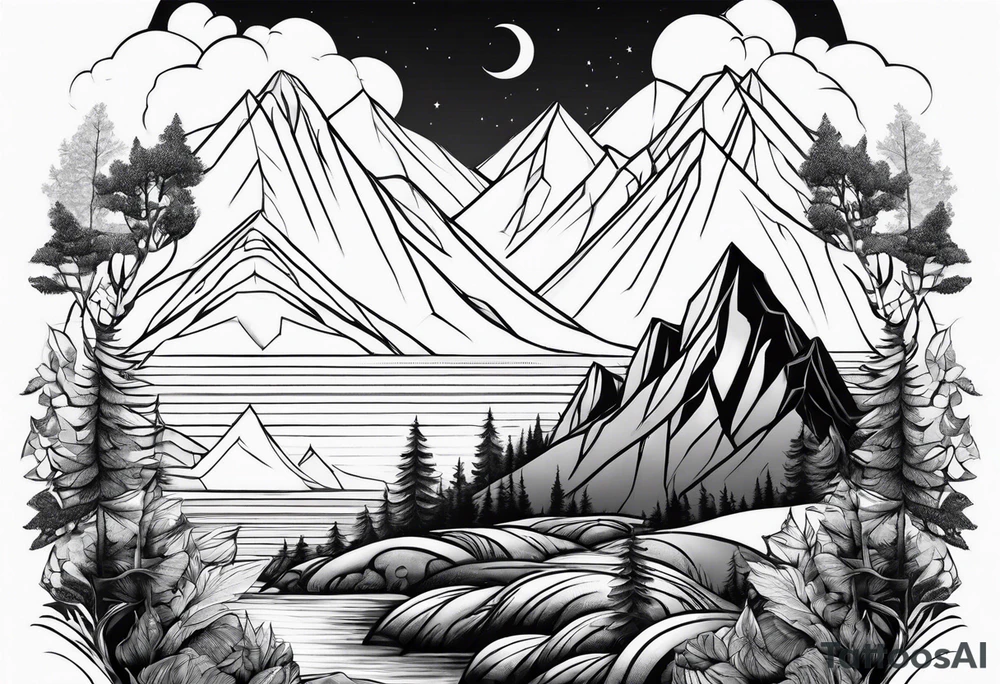 Mountain ocean forest leg sleeve tattoo idea