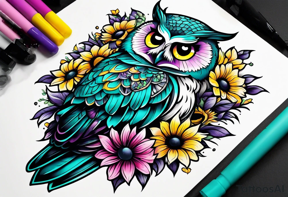 Black and white owl shaded teal, pink and purple surrounded by yellow sunflowers sleeve tattoo idea