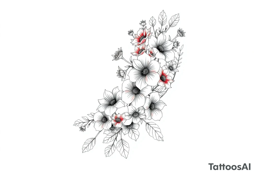 Full sleeve tattoo design of larkspur and hawthorn flowers, highly detailed line art, RED ink, elegant botanical style, intertwined composition, no shading, no human mock-up, clean stencil style suitable for tattooing, fit fully within boundaries. LINE ART ONLY, REMOVE HUMAN, NO SKIN, NO ARM, NO HUMAN BODY PARTS tattoo idea