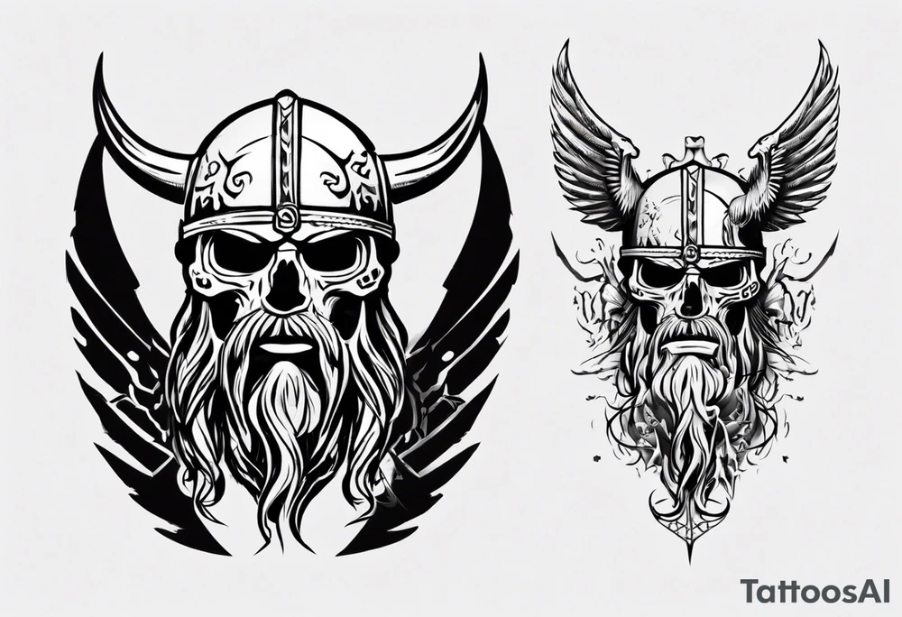 Viking face with skulls on the side with wings tattoo idea