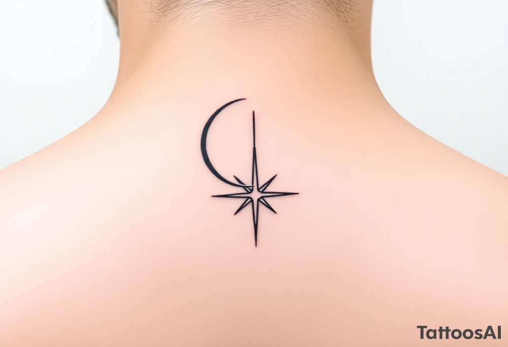 A minimalist crescent moon neck tattoo positioned just behind the ear. The crescent moon is thin and curves to the left. A sharp vertical line extends downward from the inner curve of the moon, intersecting with a symmetrical starburst shape at the center of the line. The starburst has four points — the top and bottom points are elongated, while the horizontal points are shorter, giving it a sleek and modern look. The design features clean, thin lines with a slightly hand-drawn feel, combining celestial and geometric elements. The tattoo follows the natural curve of the neck, giving it an elegant and balanced appearance. tattoo idea