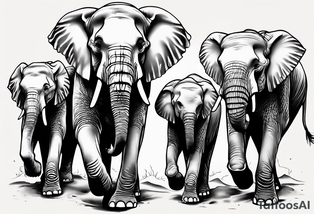 family of 6 elephants walking into sunset tattoo idea