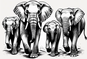 family of 6 elephants walking into sunset tattoo idea