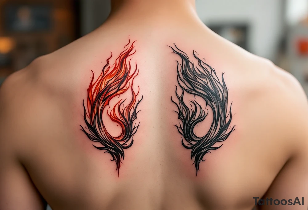 Matching red and orange flame tattoo on each partner shoulders. tattoo idea