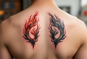 Matching red and orange flame tattoo on each partner shoulders. tattoo idea