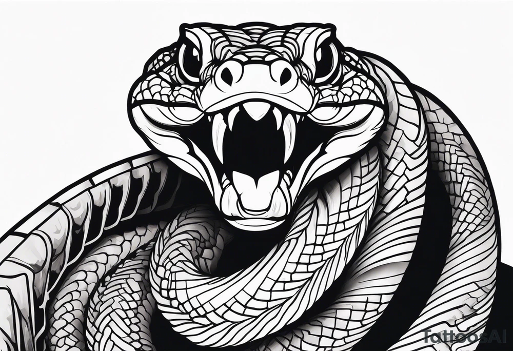 Copperhead coiled up with head turned up and mouth open and copper colored eyes tattoo idea