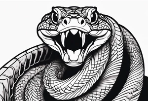 Copperhead coiled up with head turned up and mouth open and copper colored eyes tattoo idea
