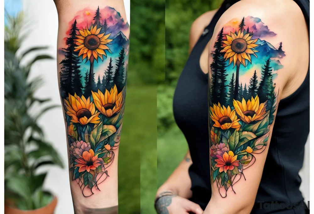 Small Watercolor inside arm tattoo, 4 inches. Black kite (Daya's name), nature (trees/flowers), rock/metal vibe (bold lines), sunflower. Bright colors! tattoo idea