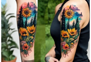 Small Watercolor inside arm tattoo, 4 inches. Black kite (Daya's name), nature (trees/flowers), rock/metal vibe (bold lines), sunflower. Bright colors! tattoo idea