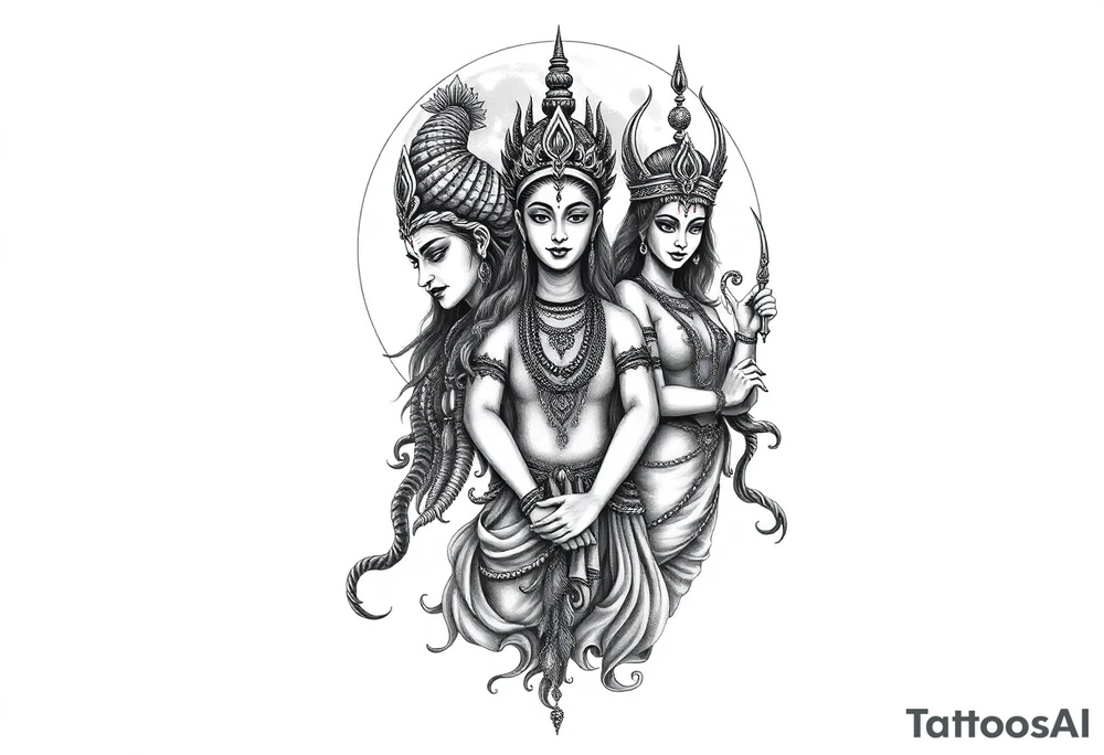 Lord Shiva, Godess Kali, Godess Lilith Together with the moon in the background tattoo idea
