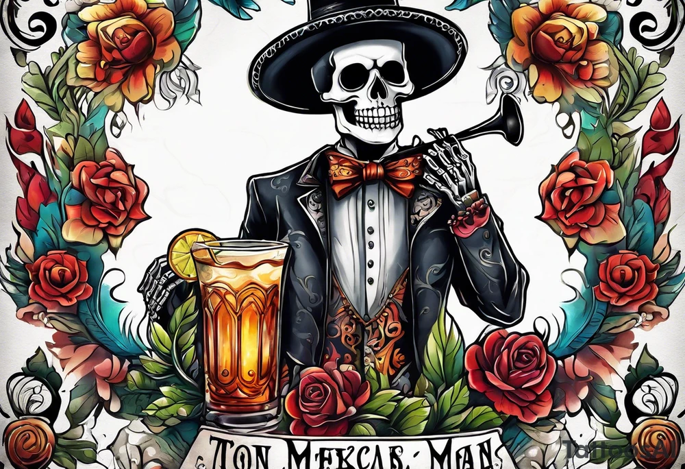 Mexico day of dead  man standing
 skeleton drink tattoo idea