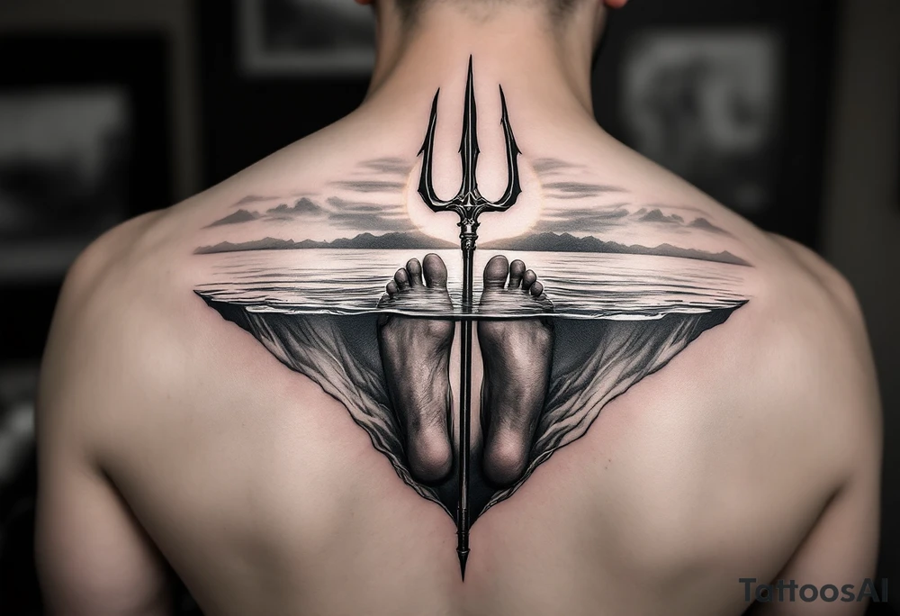 barefeet behind trident half way under water and sunset tattoo idea