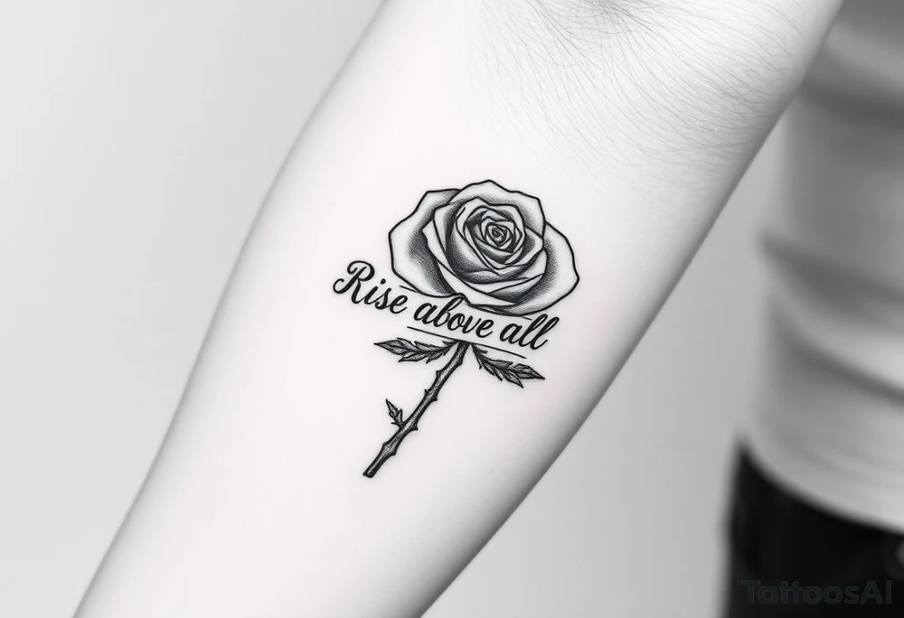 rose tattoo with thorns saying rise above all tattoo idea