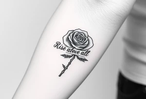 rose tattoo with thorns saying rise above all tattoo idea