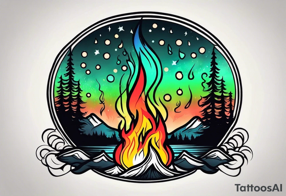 Bonfire flames turning into northern lights tattoo idea