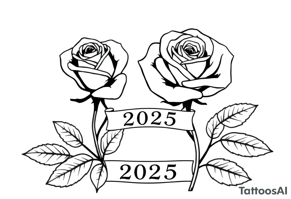 two beautiful large rose buds, one larger than the other, with many leaves next to the rose buds, with one sitting higher than the other. Include a banner connecting the two roses with the year "2025" on it.   Use dark outlines with little shading. The two stems should be short, not long, and connect and join into one stem, whimsically curved or twisted - not straight down. tattoo idea