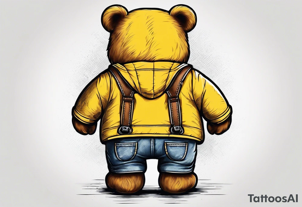 the back of a standing skinny, brown ,
teddy bear in yellow , long overalls tattoo idea