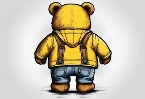 the back of a standing skinny, brown ,
teddy bear in yellow , long overalls tattoo idea