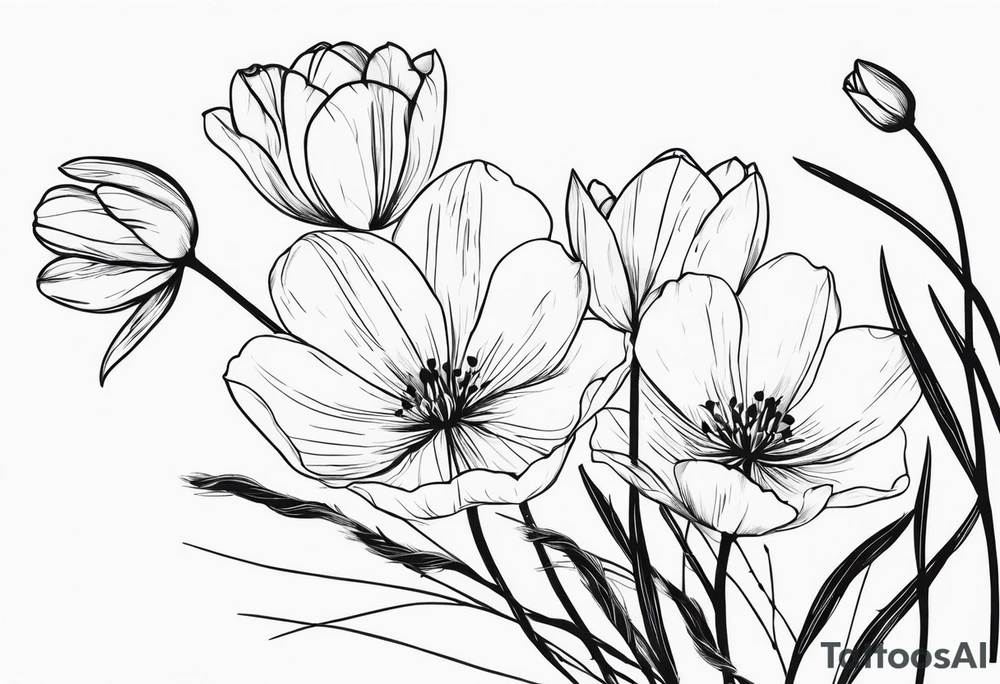 tulip and cosmos flowers in a bouquet with pine branch and willow branch. minimalist, simple bouquet. small. tattoo idea