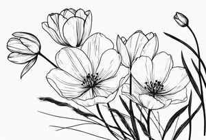 tulip and cosmos flowers in a bouquet with pine branch and willow branch. minimalist, simple bouquet. small. tattoo idea